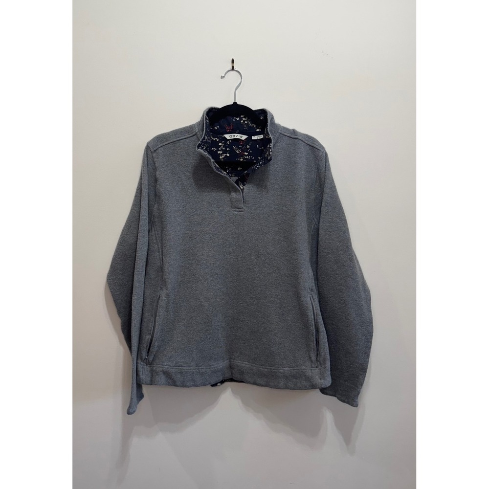 Orvis Womens Gray Quarter Zip Sweatshirt Floral Trim Fleece Pullover Size Medium